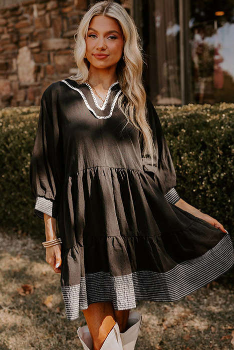 Black Contrast Stitched V Neck 3/4 Sleeve Tiered Mini Dress