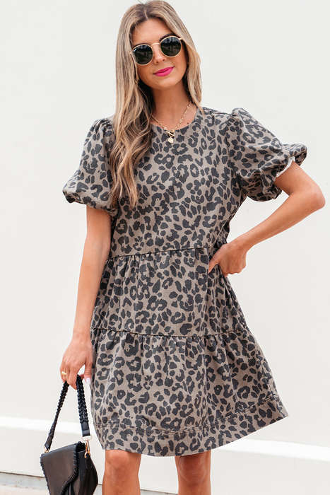 Brown Denim Leopard Printed Short Puff Sleeve Mini Dress