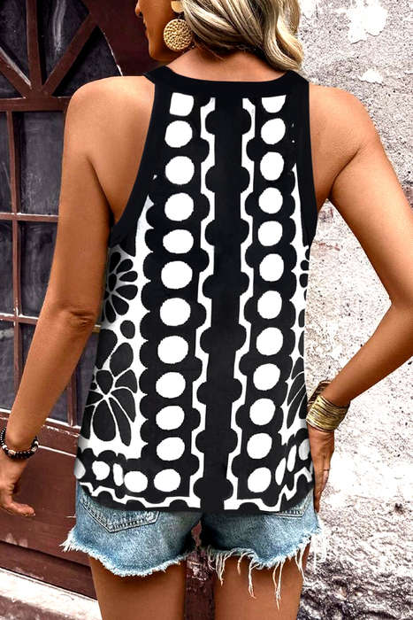Black Abstract Dot Flower Print Tank Top