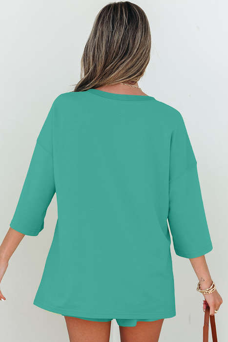 Sea Green Solid Loose V Neck Half Sleeve Tee and Shorts