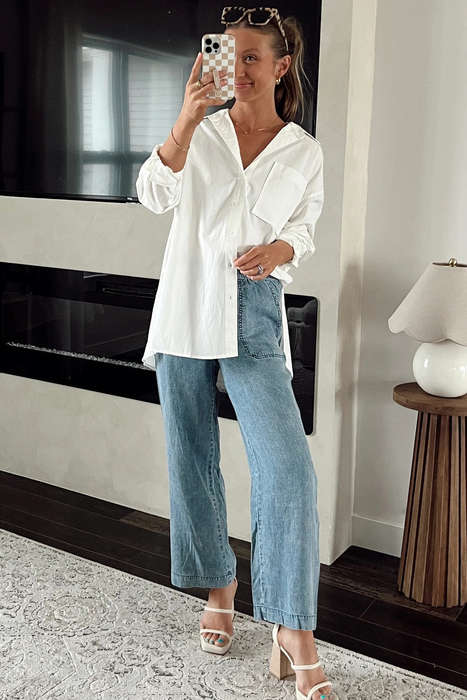 Myosotis Mineral Wash Drawstring Elastic Waistband Loose Straight Denim Pants