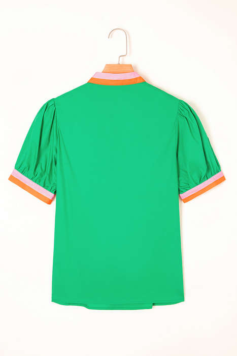 Bright Green Contrast Striped V Neck Collision Short Puff Sleeve Blouse