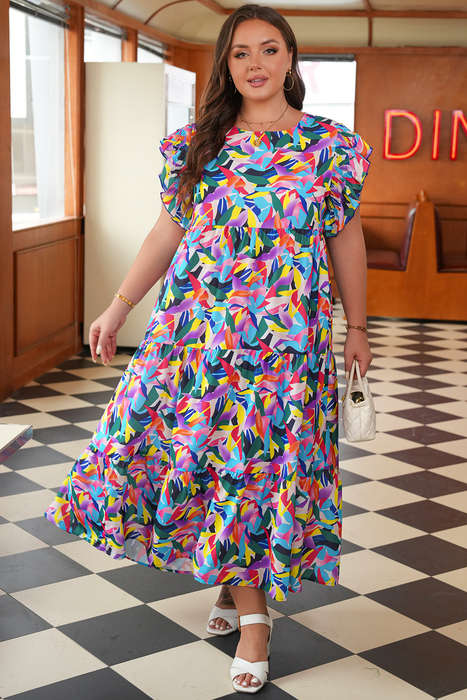 Blue Geometric Print Ruffled Short Sleeve Plus Size Tiered Maxi Dress