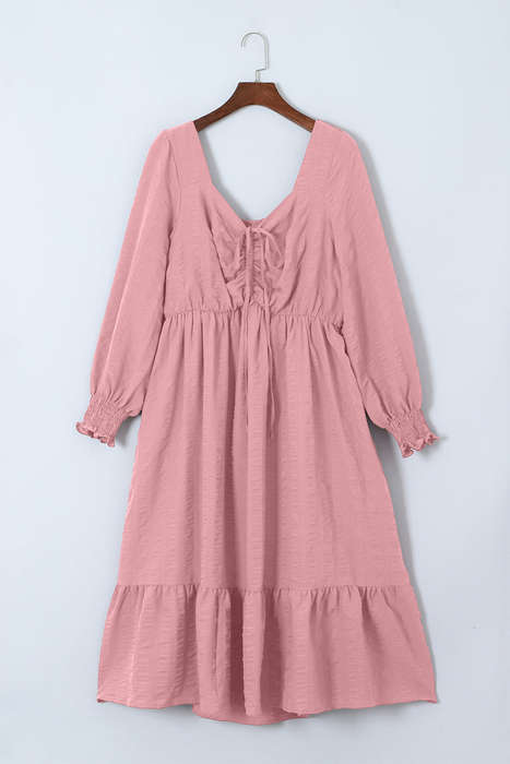 Pink Lace-up Ruched Front Long Sleeve Ruffle Hem Plus Size Midi Dress