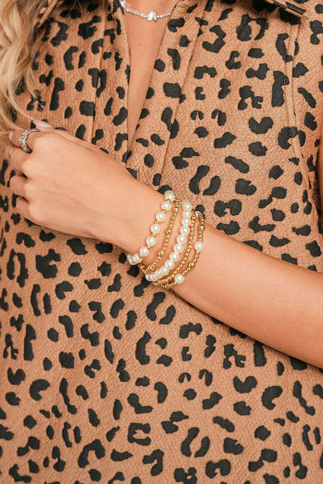 Gold Cross Pearls Decor Plated Beaded Multi Layer Bracelets