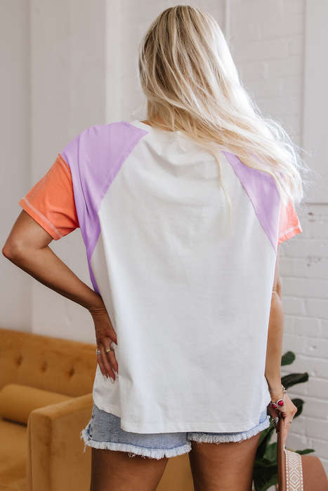 Beige Colorblock Patchwork V Neck Exposed Seam High Low T Shirt