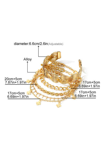 Gold Clover Charm Multi Layered Plated Adjustable Bracelet Set