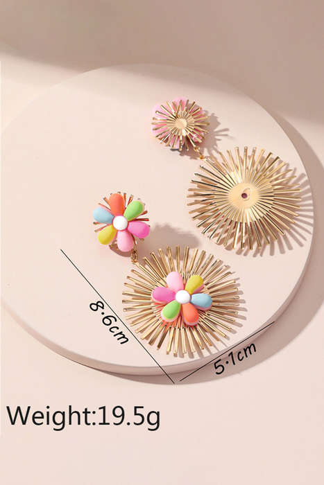 Red Colorful Flower Gold-pleated Dangle Earrings