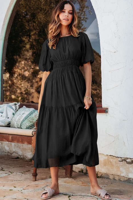 Black Puff Sleeve Pleated High Waist Flowy Midi Dress