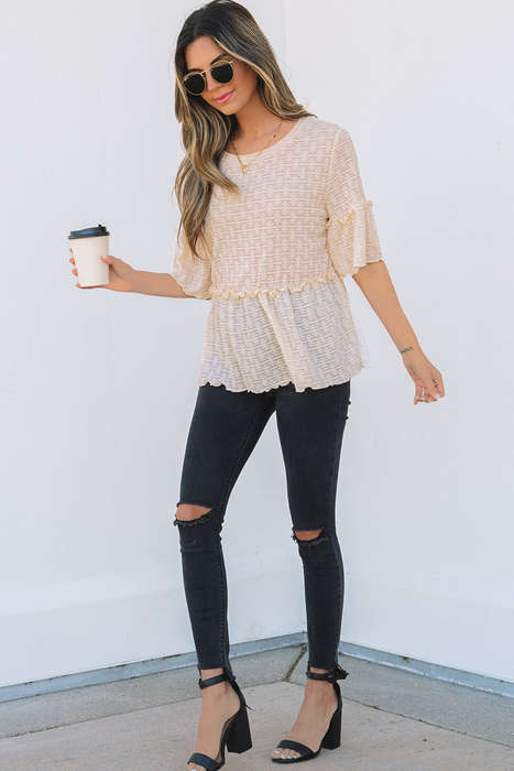 Beige Solid Color Textured Ruffled Short Sleeve Blouse