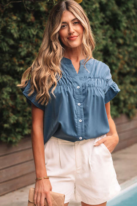 Real Teal Solid Color Ruffle Ruched Short Sleeve Buttoned Shirt