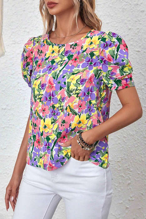 Purple Floral Print Puff Short Sleeve Crew Neck Blouse