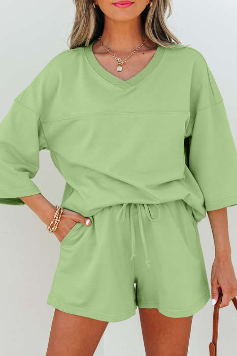 Meadow Mist Green Solid Loose V Neck Half Sleeve Tee and Shorts
