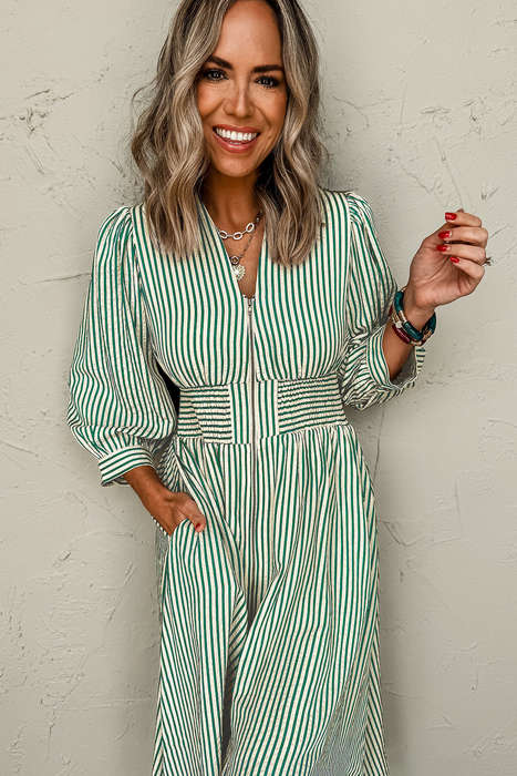 Green Stripe V Neck Zip Front Cinched High Waist Midi Dress