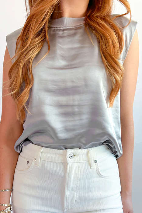 Silvery Metallic Luster Crew Neck Shift Tank Top