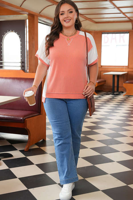 Carrot Twist Rib Colorblock Hi Low Plus Size Short Sleeve Top