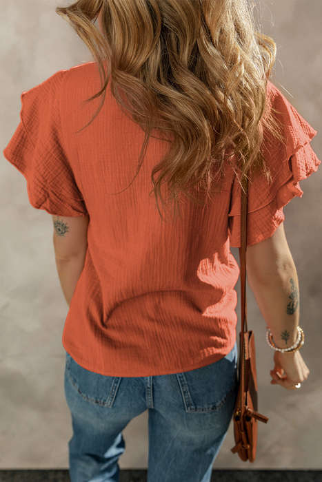 Orange Crinkled Cotton Gauze Ruffle Sleeve Blouse
