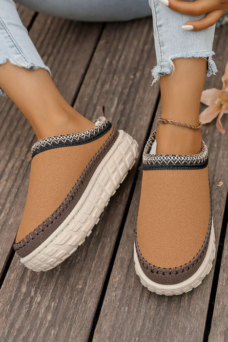 Coffee Contrast Stitch Detail Faux Suede PU Patchwork Plush Winter Clog Slippers