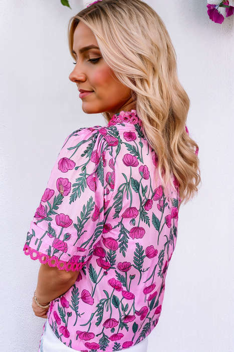 Pink Floral Lace Detail Frilled V Neck Summer Blouse