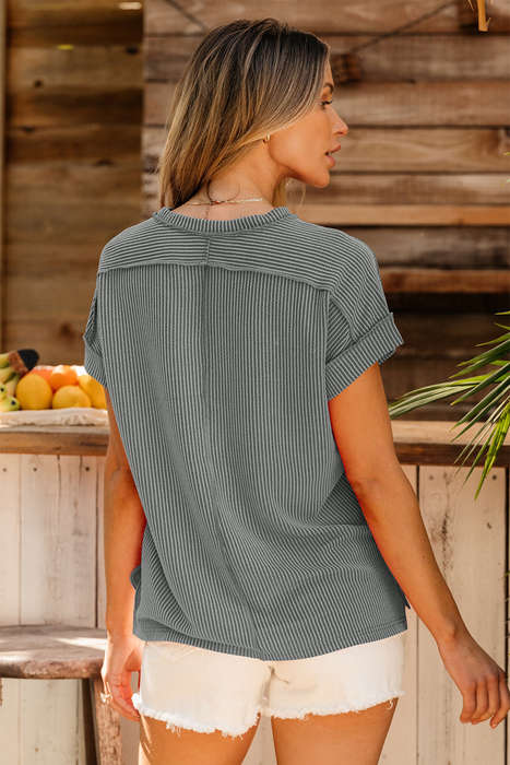 Medium Grey Textured Knit Exposed Stitching T-shirt