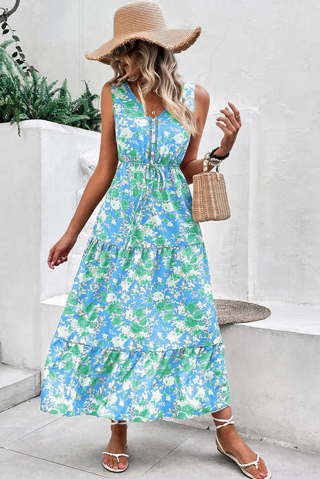 Sky Blue Floral Print Trimmed V Neck Tie Waist Sleeveless Holiday Long Dress