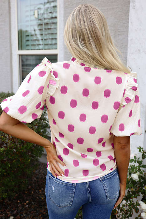 Rose Polka Dot Print Shirred Yoke Notched Neck Balloon Sleeve Blouse