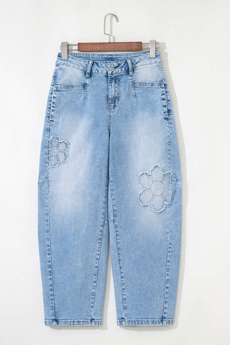 Beau Blue Flower Patched Light Wash Cropped High Waist Jeans