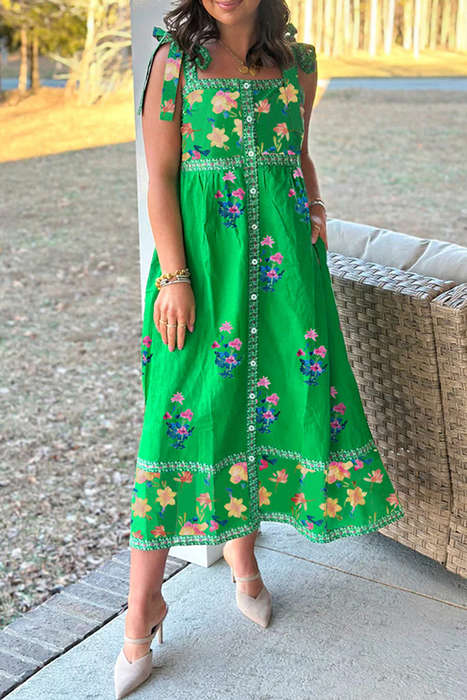Green Floral Print Contrast Trim Knotted Straps Midi Dress