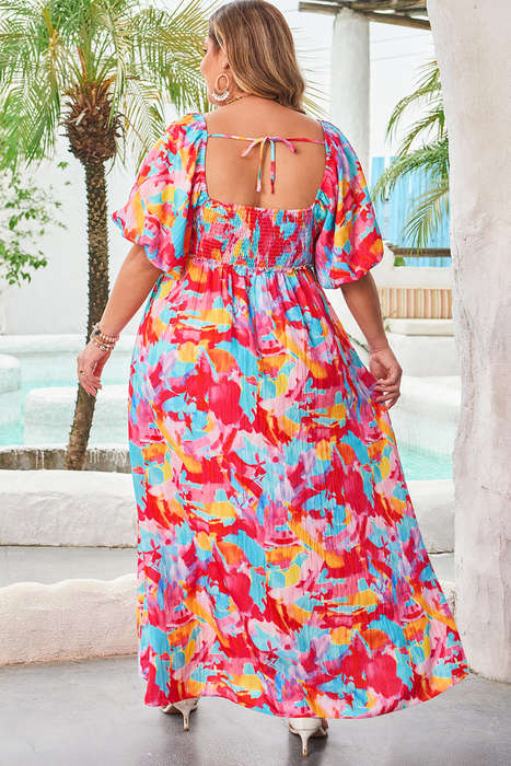 Rose Abstract Printed Puff Sleeve Square Neck Smocked Bust Tied Back Plus Size Dress