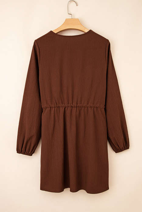Burgundy Floral Embroidered Tassel Tie Waist Long Sleeve Mini Dress