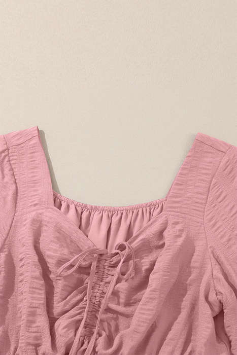 Pink Lace-up Ruched Front Long Sleeve Ruffle Hem Plus Size Midi Dress