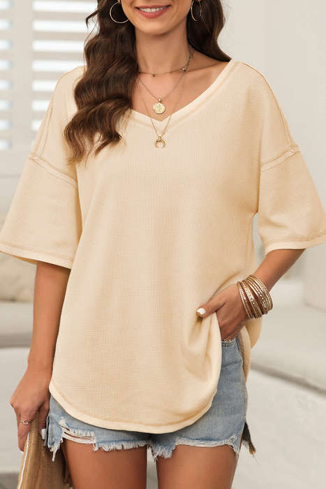 Apricot Exposed Seam Half Sleeve Knitted V Neck Textured Top