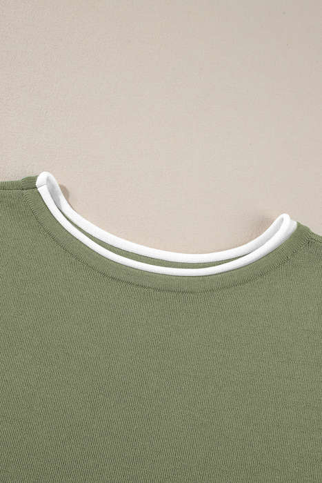 Guacamole Green Contrast Trim Half Sleeve Top Drawstring Pants Loose 2pcs Sweater Suit