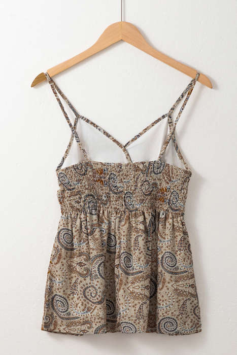 Khaki Paisley Printed Spaghetti Strap V Neck Smocked Babydoll Tank Top