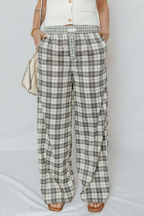 Gray Plaid Wide Leg Casual Pants
