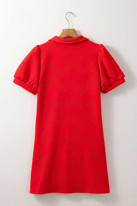 Fiery Red Textured Collared V Neck Puff Short Sleeve Shift Mini Dress