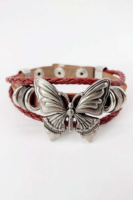 Mineral Red Retro Butterfly Decor Exotic Faux Leather Braided Snap Button Bracelet