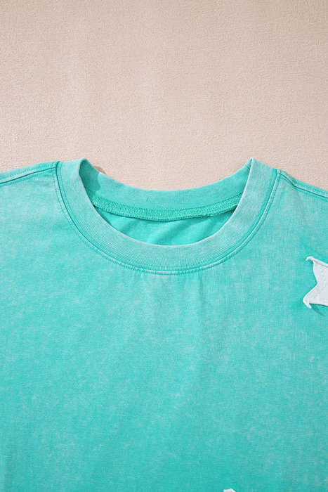 Mint Green Acid Wash Star Patched Rolled Trim Pants Set