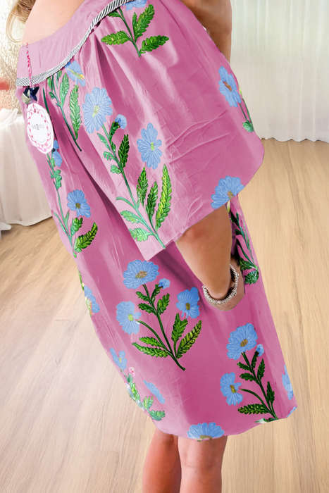 Rose Floral Short Sleeve Split Neck Loose Mini Dress