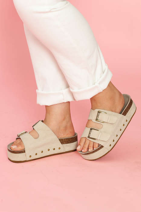 Beige Suede Buckle Decor Footbed Sandal Slippers