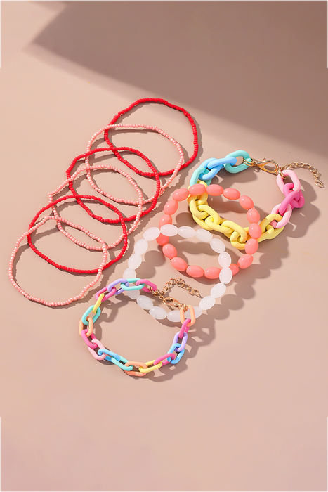 Pink Colorful Beaded Chain Link Layered Bracelet Set
