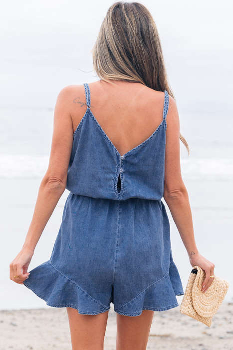 Ashleigh Blue Spaghetti Straps V Neck Belted Ruffled Leg Chambray Romper