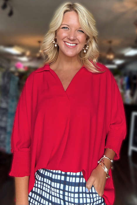 Fiery Red V Neck Collared Shirred 3/4 Sleeve Oversized Tunic Top