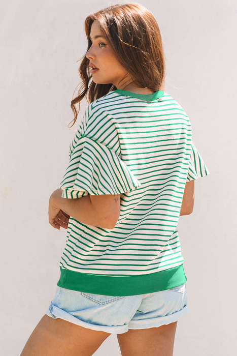 Bright Green Contrast Detail Striped Ruffle Short Sleeve Top