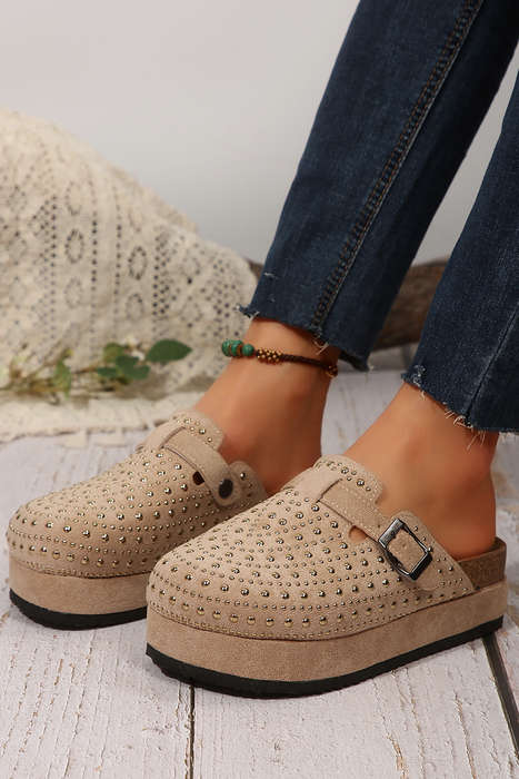 Parchment Rivet Buckle Closed Toe Platform Slippers