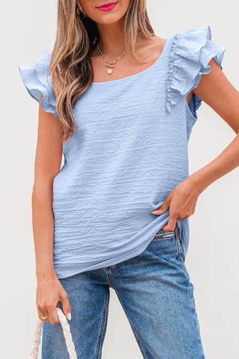 Beau Blue Textured Bow Knot Frilled Butterfly Sleeve Blouse