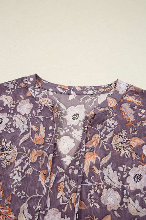 Blue Boho Flower Print 3/4 Sleeve Babydoll Blouse