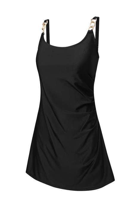 Black Grommet Shoulder Strap Pleated Swim Dress