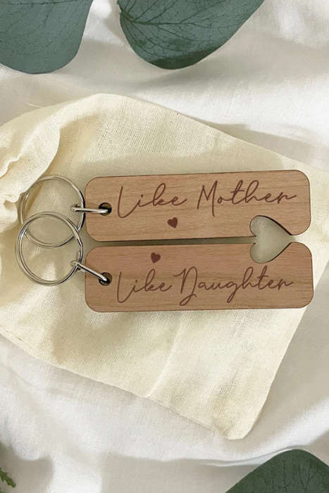 Light French Beige Like Mother Like Daughter Wooden Pendent with Self-assembled Key Ring