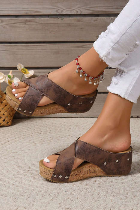 Coffee Criss Cross Cut Out PU Leather Wedge Slippers